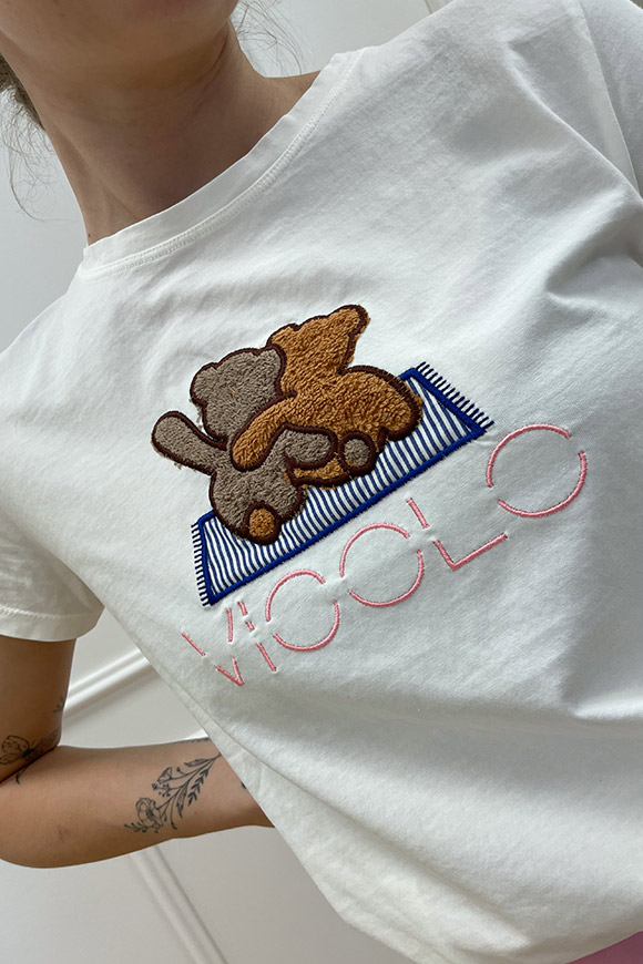 Vicolo - T shirt bianca orsetti bouclé con logo