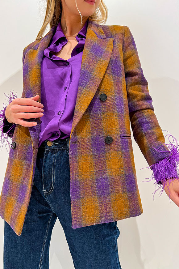 Vicolo - Giacca viola e tabacco check in lana taglio maschile