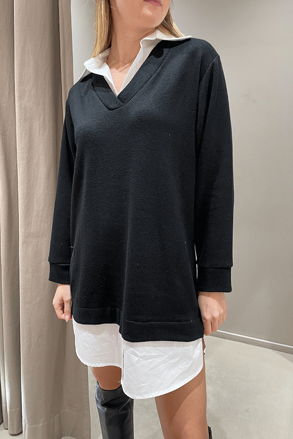 Haveone - Vestito nero soft touch con inserti camicia