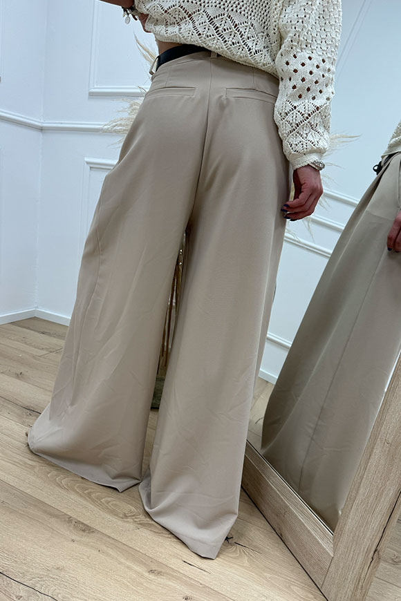 Haveone - Pantaloni beige gamba larga con pinces e cintura