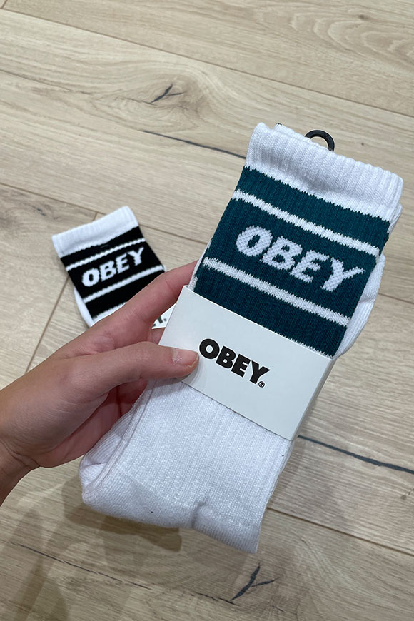 Obey - Calzino bianco logo e bande verde muschio in contrasto