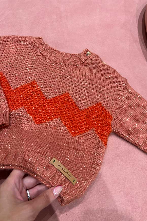 Piupiuchick - Maglione baby rosa con intarsio rosso con lurex