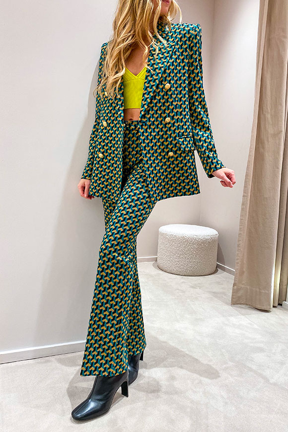 Vicolo - Hearts patterned petrol green and mustard trousers with golden button