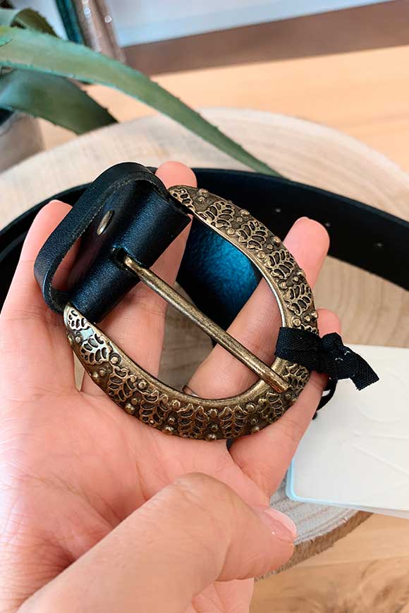 Vicolo - Cintura nera con fibbia oro lavorata
