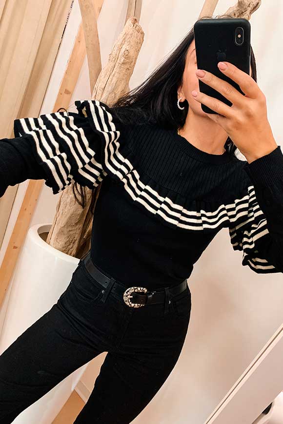 Vicolo - Black sweater with striped flounces