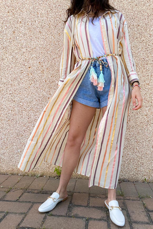 Vicolo - Sand shirt dress with multicolor laminated stripes