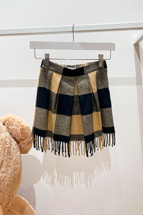 Vicolo Bambina - Beige and black checked skirt with fringes