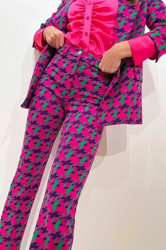 Vicolo - Pantaloni fantasia geometrica rosa, verde e viola con bottone argento