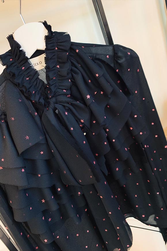Vicolo - Camicia nera con stelle rosa e rouche