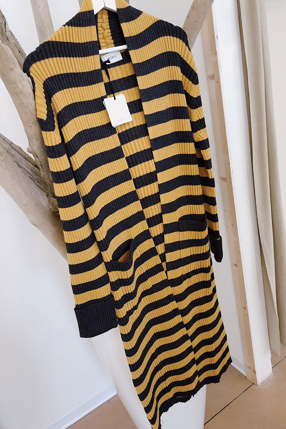 Vicolo - Long gray and yellow striped knit cardigan