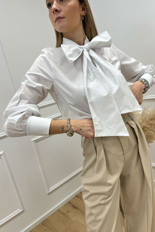 Haveone - Camicia bianca in cotone con fiocco
