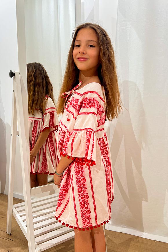 Vicolo Bambina - Red, white ethnic patterned dress with tassels