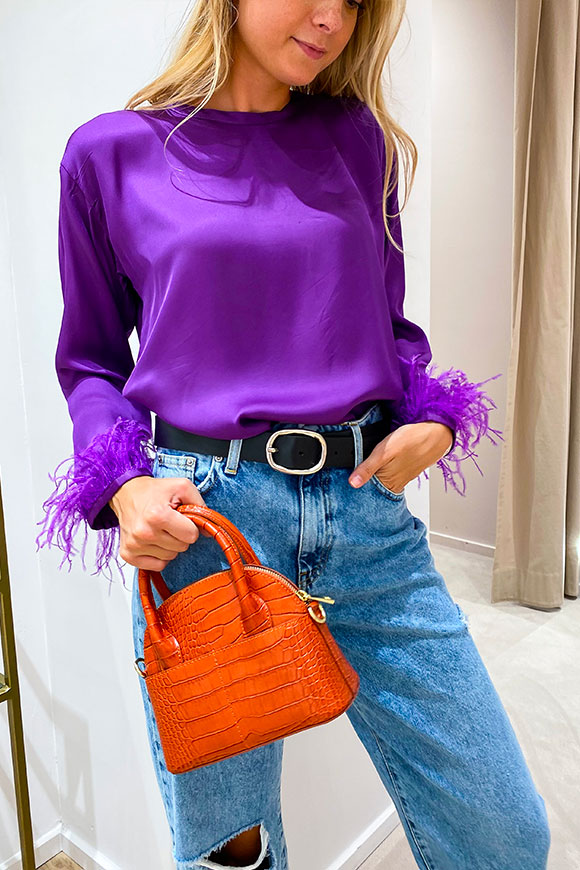 Tensione In - Purple viscose shirt with feathers on the cuffs
