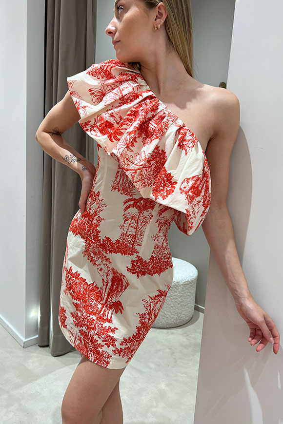 Vicolo - Vestito monospalla stampa Dior rosso, bianco con frappa