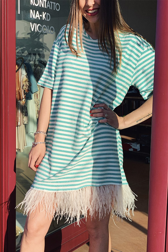 Motel - Water green lurex striped dress with feathers