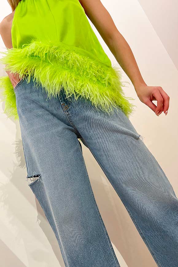 Vicolo - Acid green America neckline top with feathers on the bottom