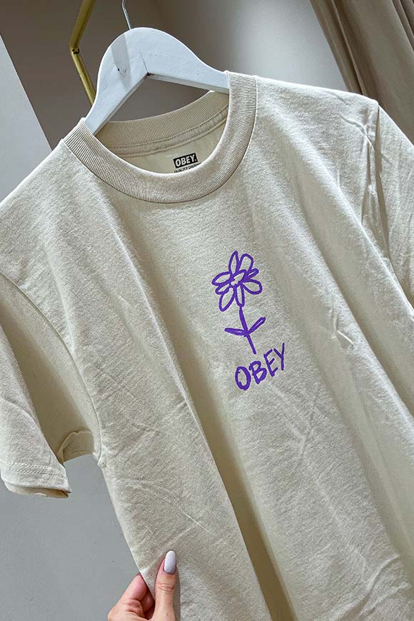 Obey - T shirt crema disegno fiore e logo in cotone