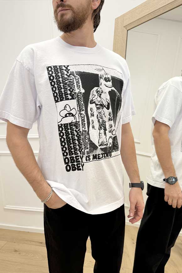 Obey - T shirt bianca stampa con logo e disegni in nero