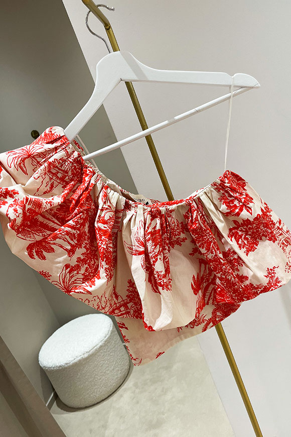 Vicolo - Top monospalla stampa Dior rosso, bianco con frappa