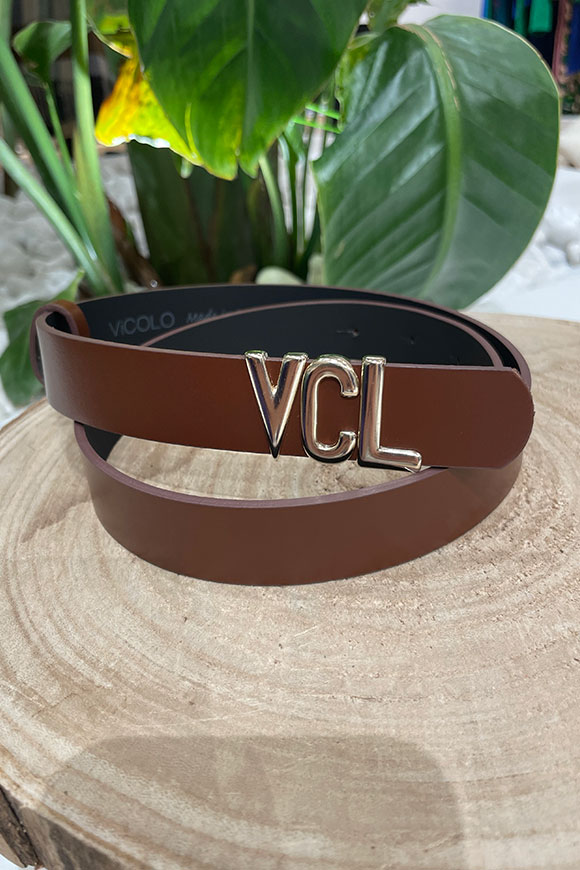 Vicolo - Cintura marrone con logo VCL in vera pelle