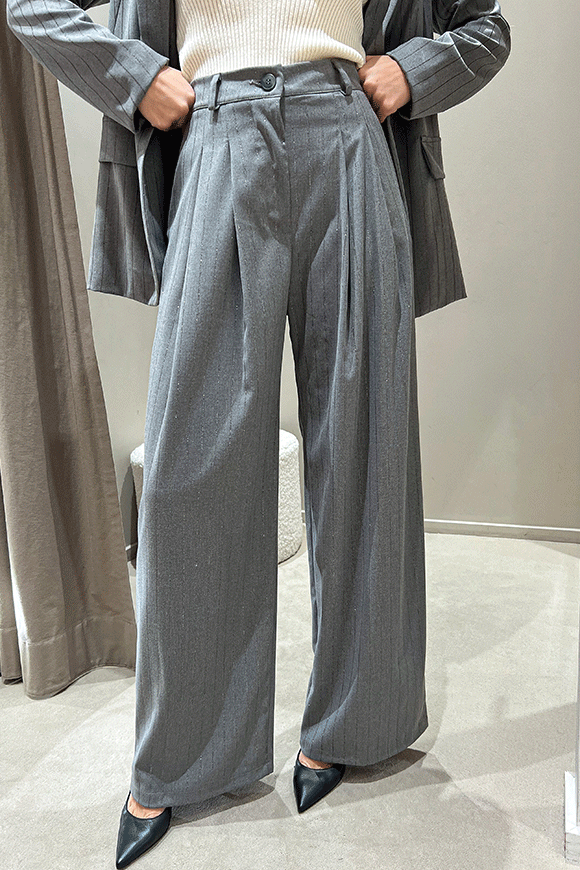 Haveone - Pantaloni grigi gessati lurex a palazzo