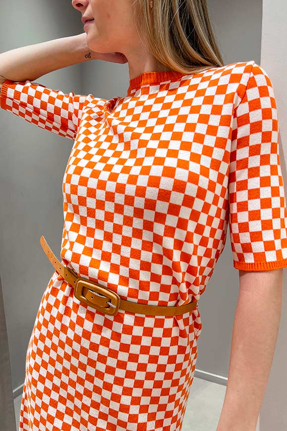 Vicolo - Orange checkered midi dress, ecru with belt
