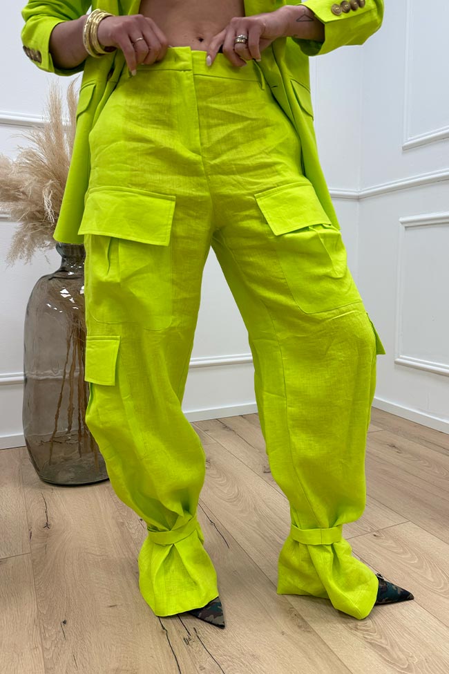 Silence Limited - Pantaloni cargo lime in lino