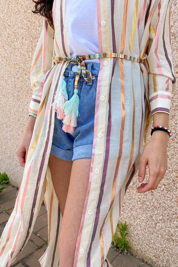 Vicolo - Sand shirt dress with multicolor laminated stripes