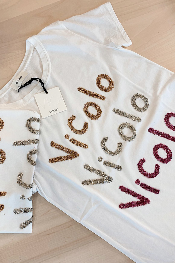 Vicolo - T shirt bianca con logo e brillantini