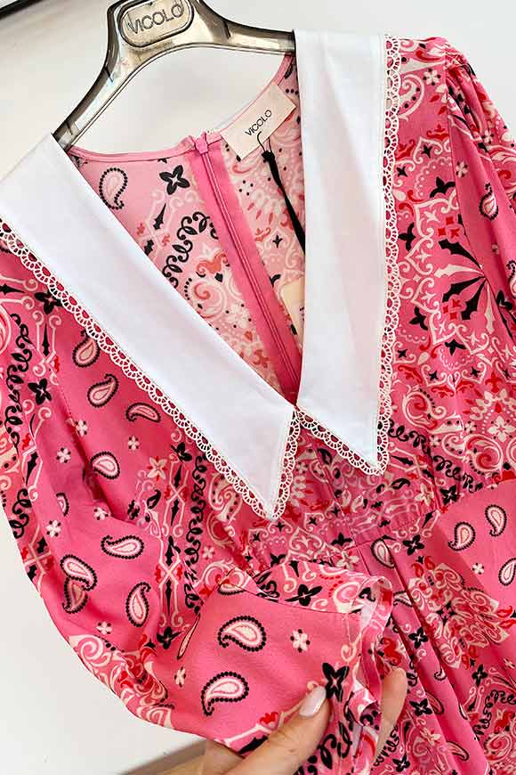 Vicolo - Vestito rosa bandana colletto in pizzo