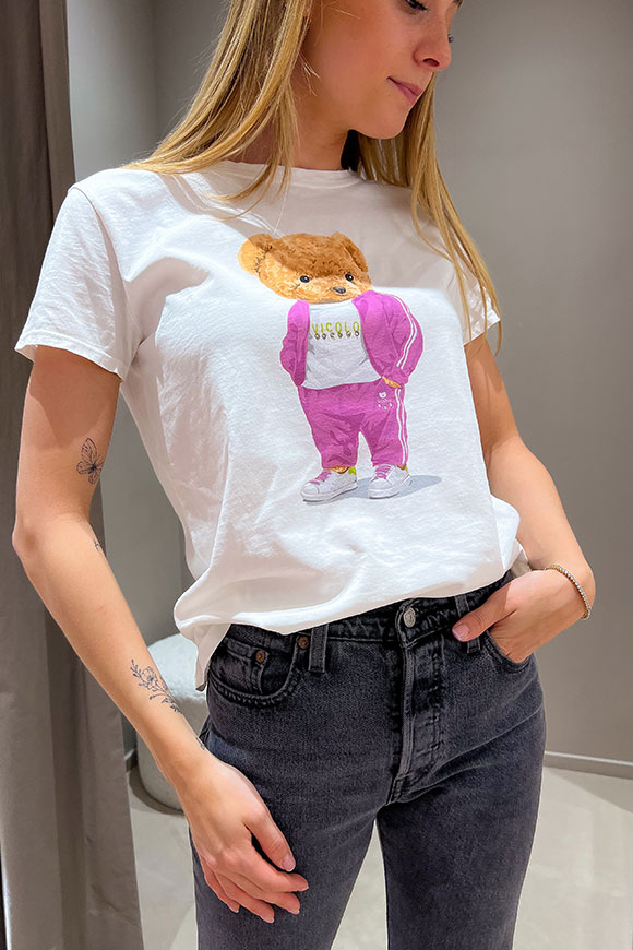 Vicolo - T shirt basica con orsetto in tuta rosa