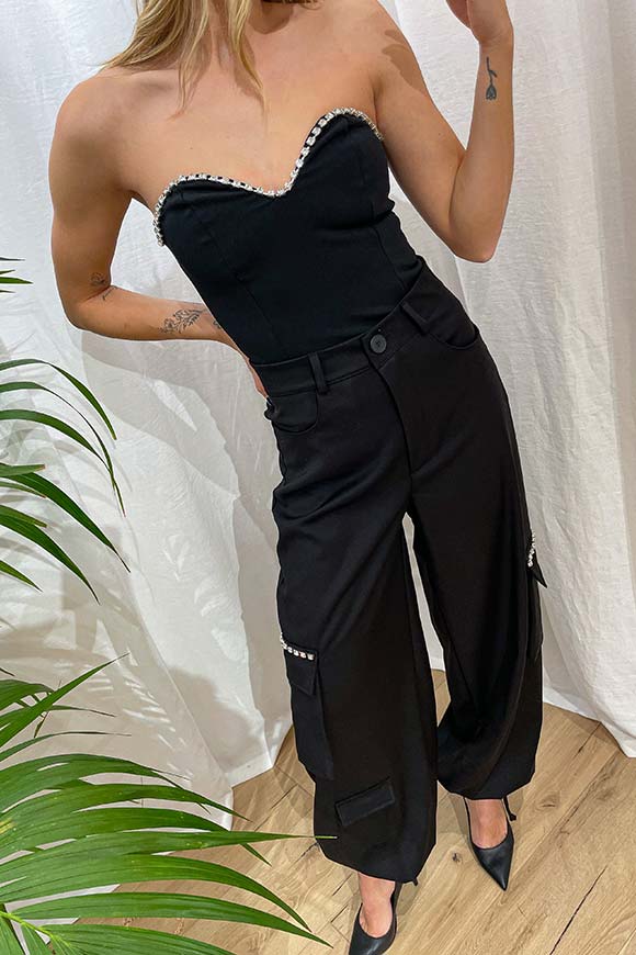 Haveone - Top nero corsetto scollo a cuore in strass