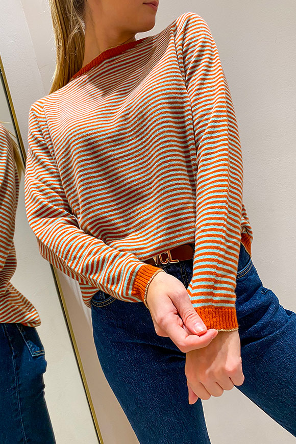 Vicolo - Rust and light blue micro stripe sweater with lurex edge in cashmerex