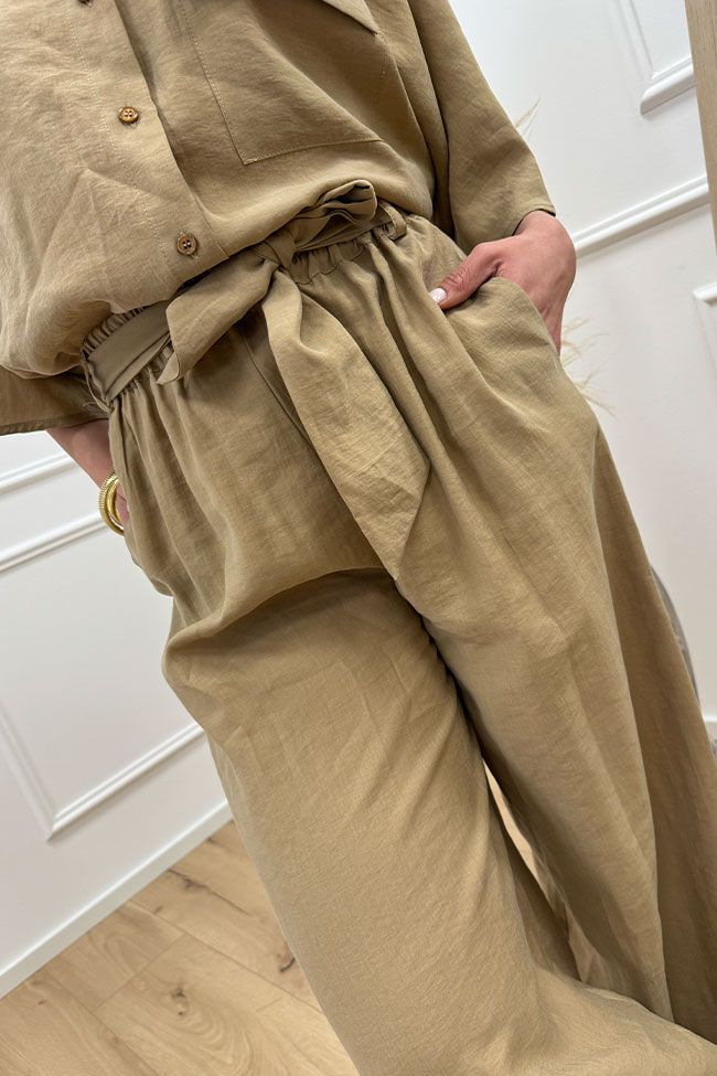 Haveone - Pantaloni cammello paperbag con fusciacca