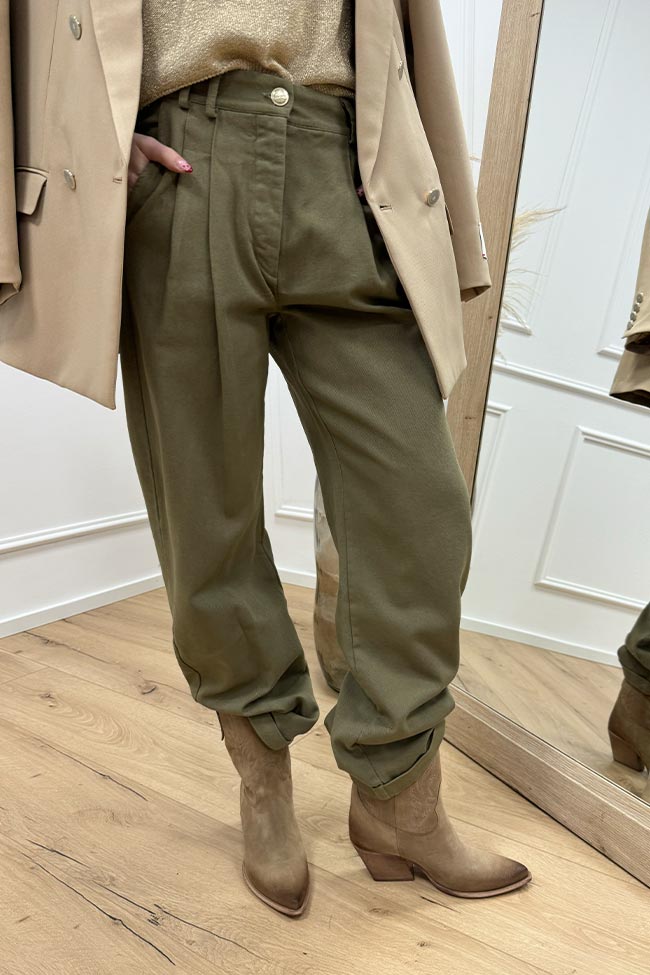 Haveone - Pantaloni militare con pinces e bottone dorato