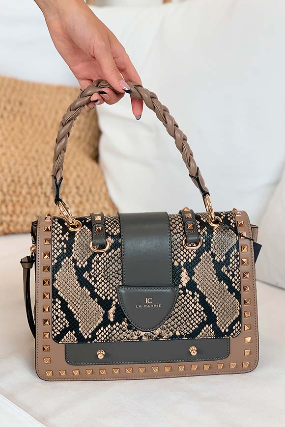 La Carrie - Dove gray python bag with gold studs