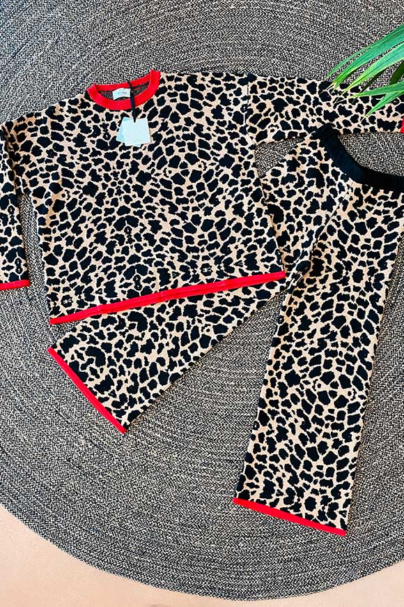 Vicolo - Pantaloni in maglia giraffa beige/neri con bordo rosso