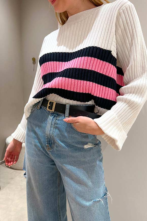 Vicolo - White shirt with pink stripes, black cuffed sleeves