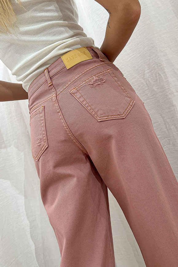 Haveone - Jeans bull rosa cipria con risvolto e rotture