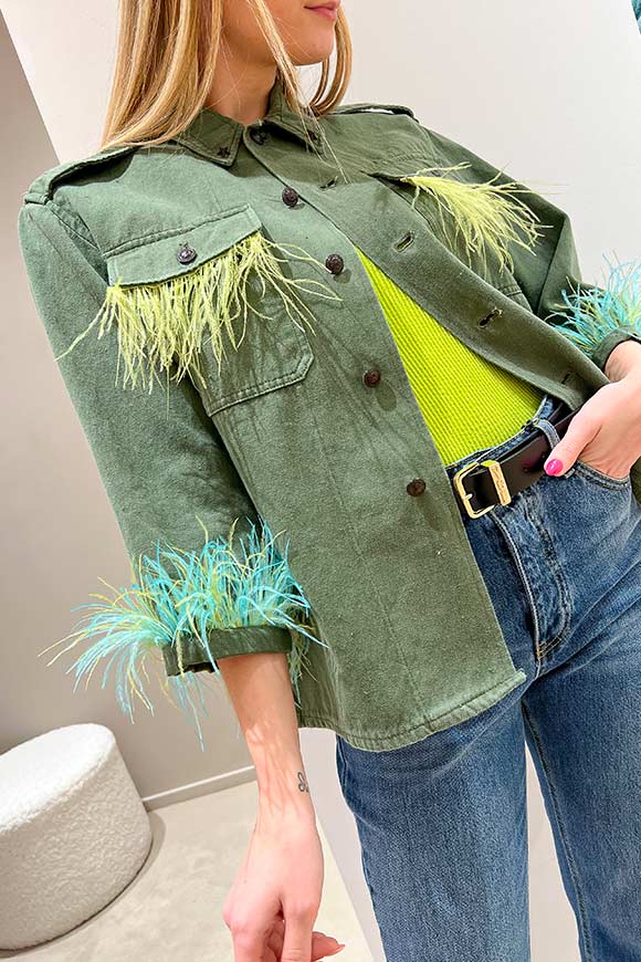 Tensione In - Military shirt jacket with light blue and lime feathers