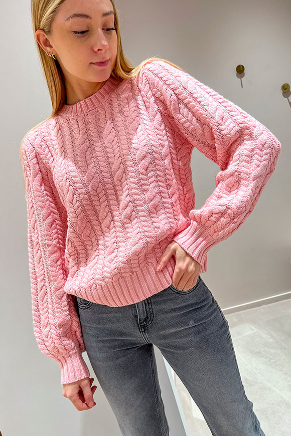 Vicolo - Baby pink cable-knit sweater with balloon sleeves