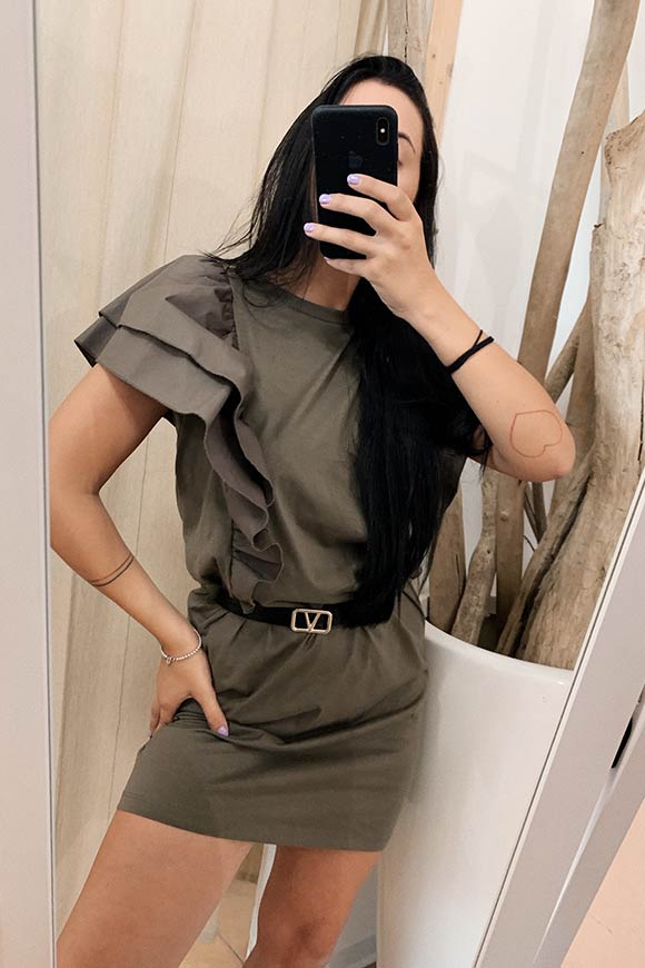 Vicolo - Military green cotton dress with puffed sleeves
