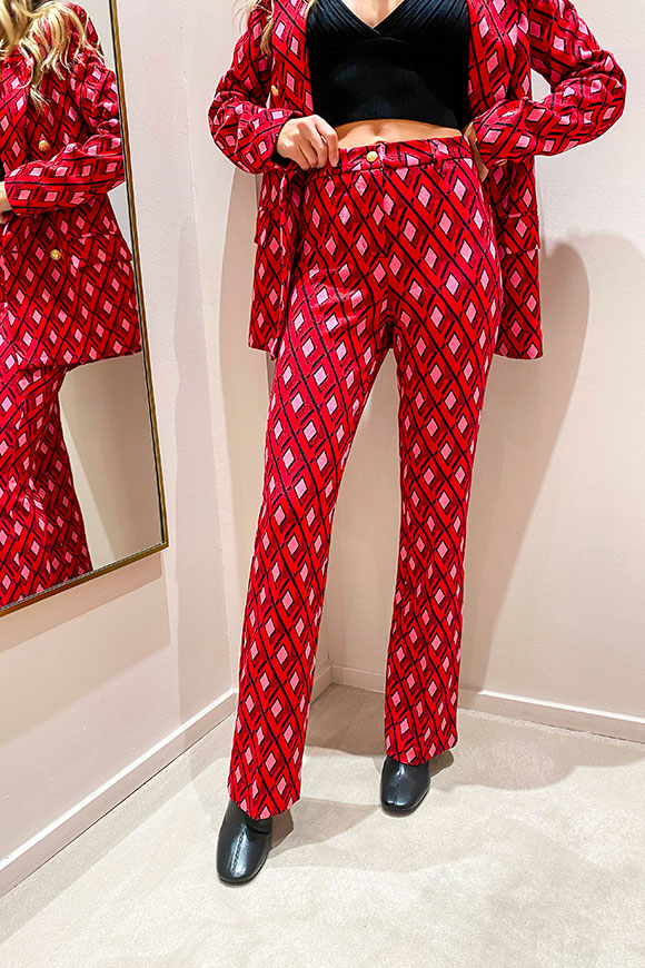 Vicolo - Red and pink diamond patterned trousers with golden button