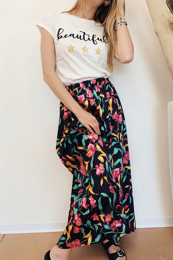 Vicolo - Long black skirt with fuchsia and green flowers
