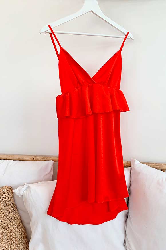 Vicolo - Bright red satin dress with ruffles under the breast