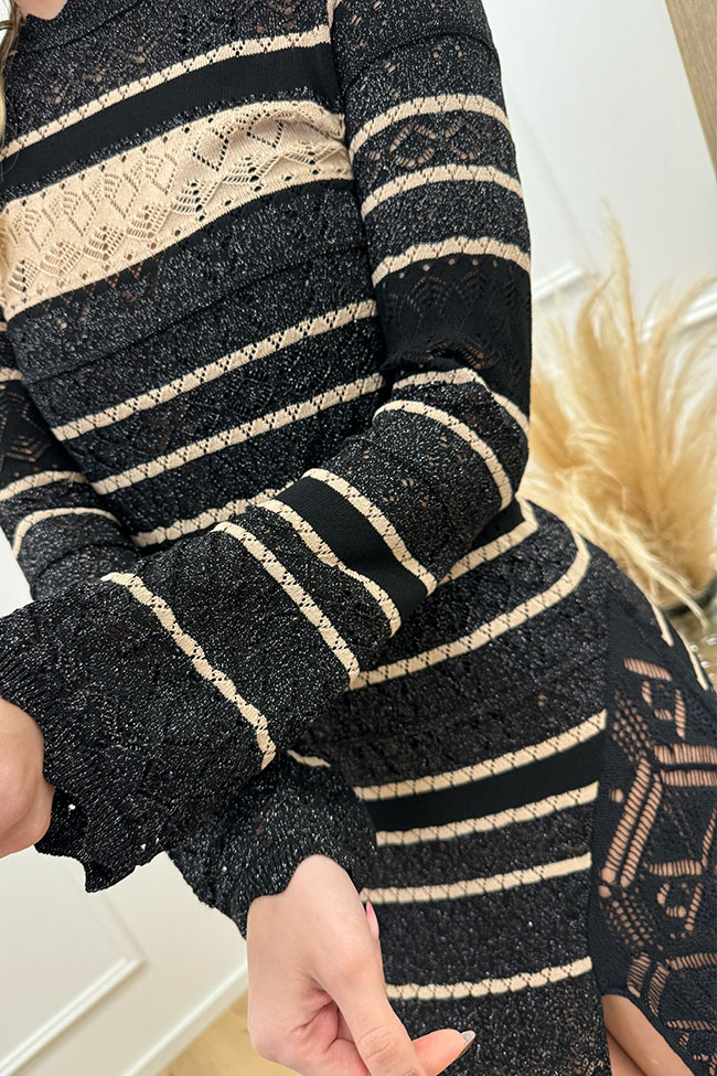 Akep - Vestito crochet rigato nero e sabbia con lurex