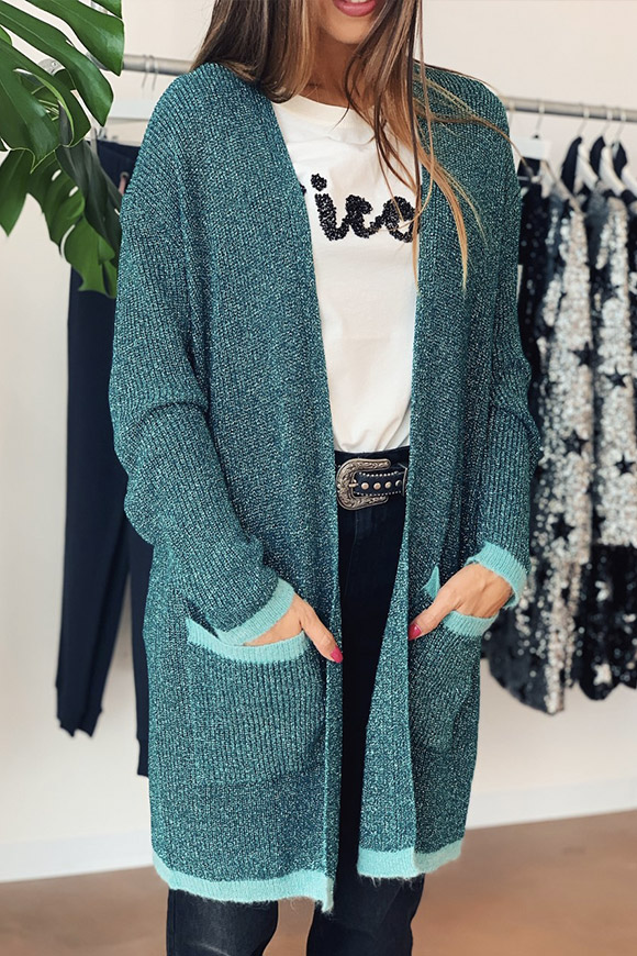 Vicolo - Knitted turquoise lamé cardigan