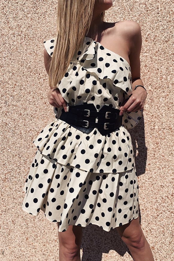 Vicolo - One shoulder black and white polka dot dress with flounces