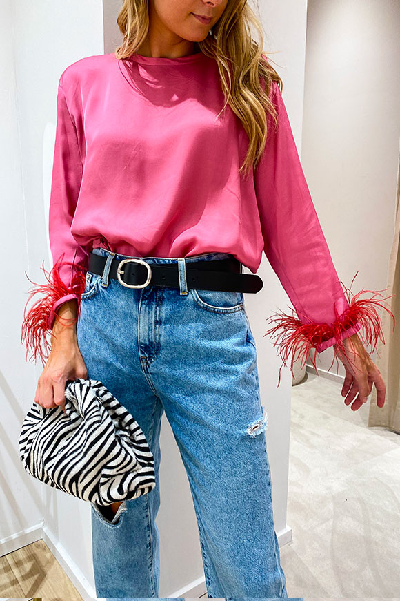 Tensione In - Mauve viscose shirt with feathers on the cuffs