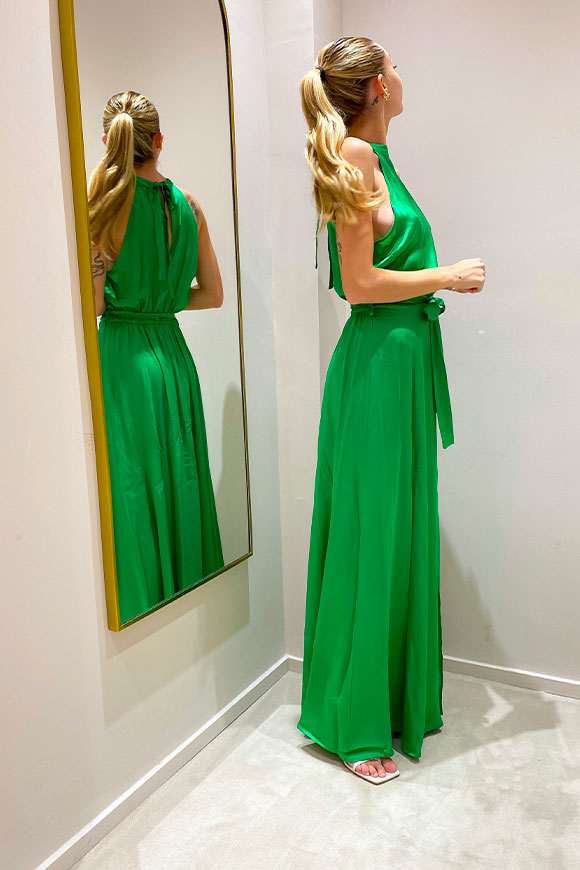 Vicolo - Vestito lungo in raso verde con doppio spacco